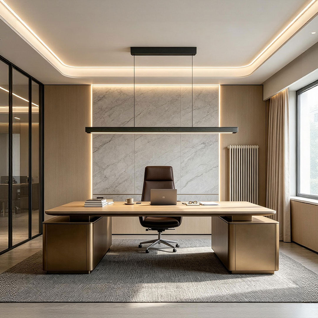 Modern LED linear suspension light installed above an executive office desk.