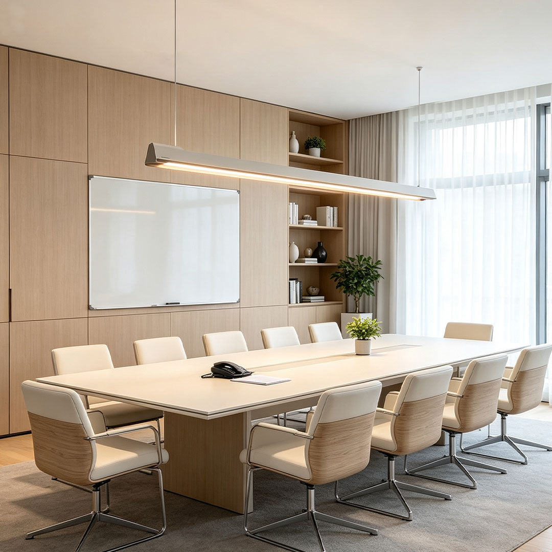 Modern LED linear suspension lighting installed above a contemporary conference table.