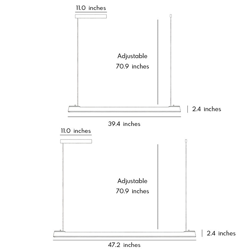 Dimension drawing of LED linear suspension lighting showing adjustable hanging height options.