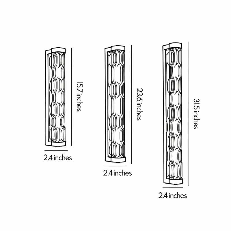 LED linear wall light dimension diagram showing 15.7-inch, 23.6-inch, and 31.5-inch size options.