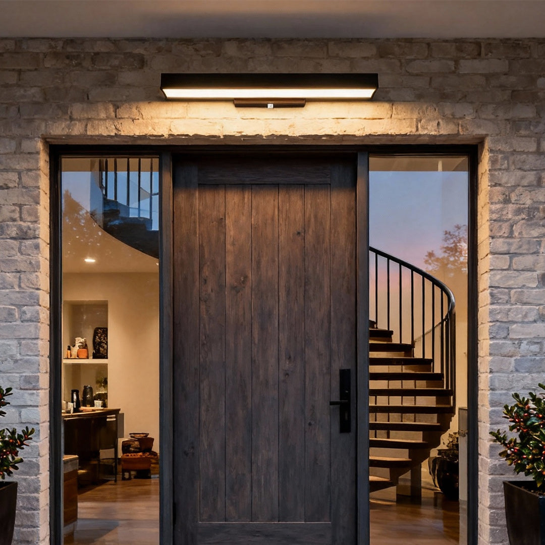Black linear motion sensor outdoor wall light above a stone entryway