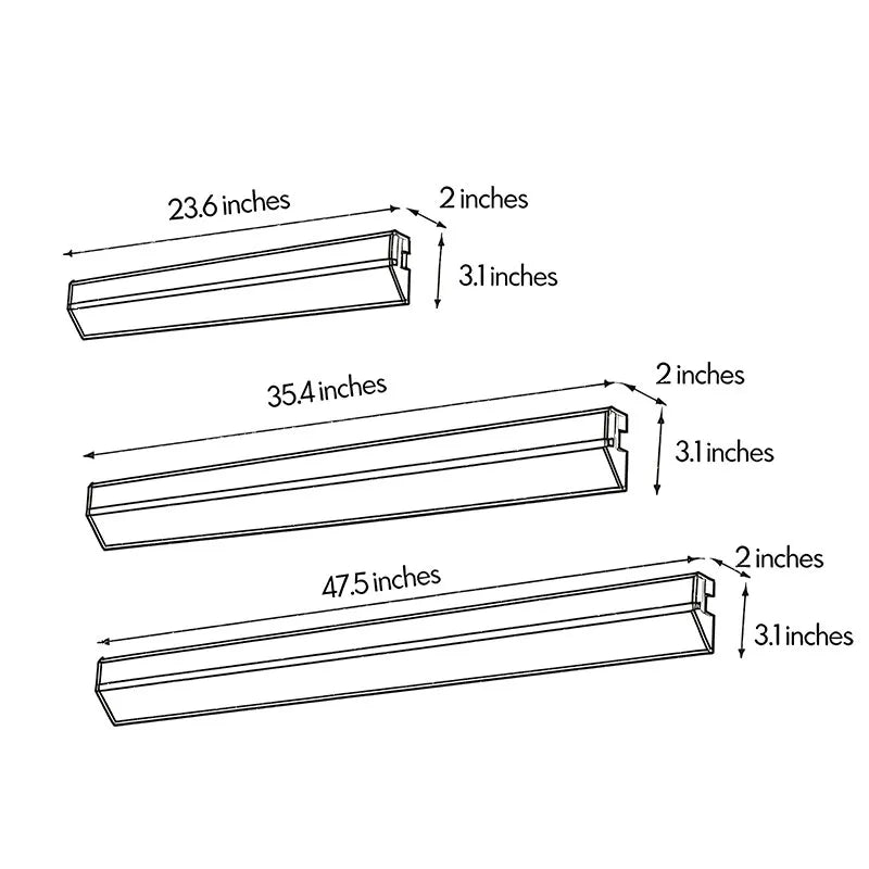 LED linear wall sconce dimension diagram showing 23.6-inch, 35.4-inch, and 47.5-inch size options.