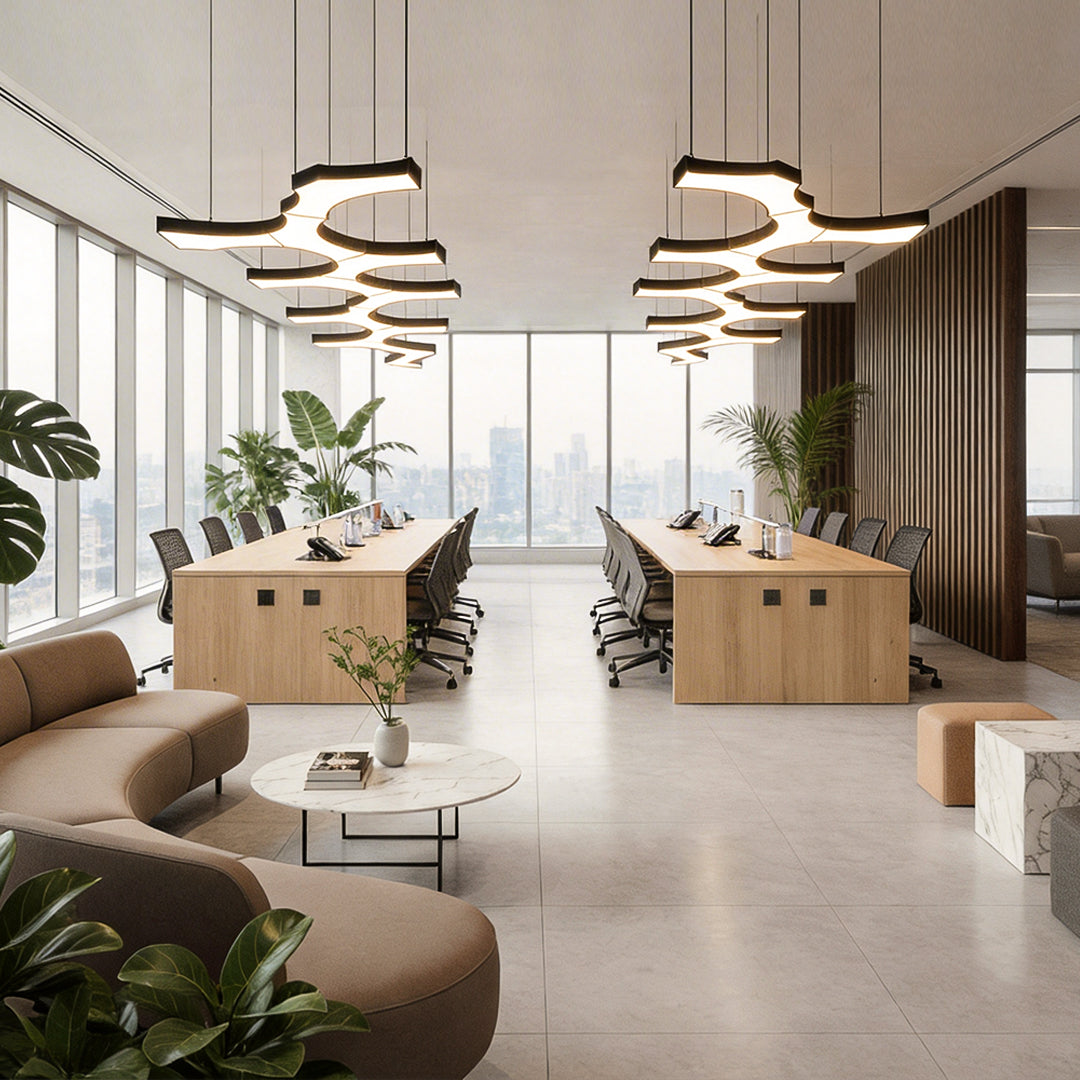 Close-up of a minimalist LED modern chandelier track with spherical adjustable light heads.