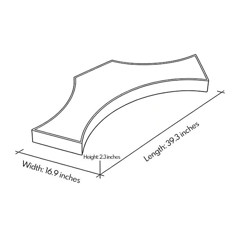 3D sketch of a curved LED modern chandelier track system highlighting length and width dimensions.
