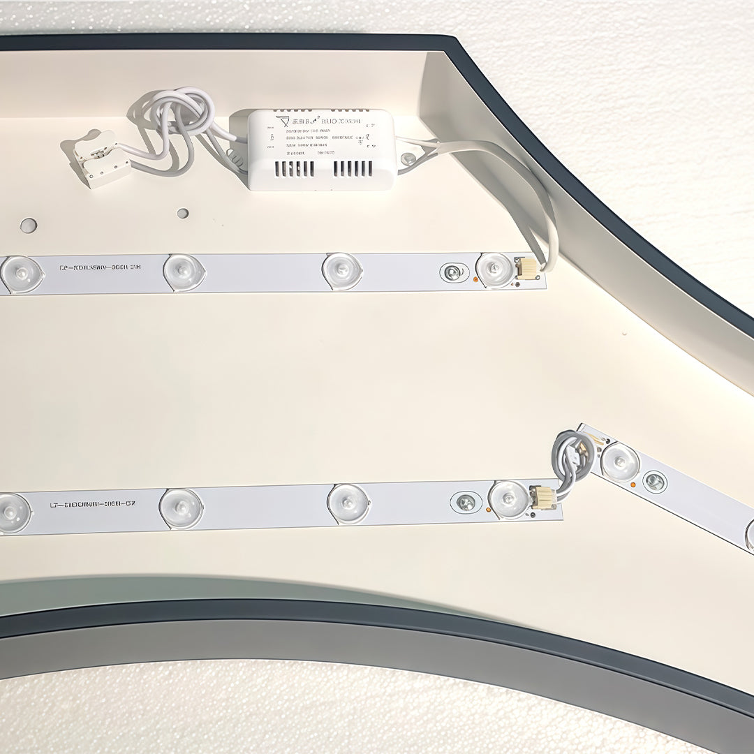 Diagram showing the installation of a curved LED modern chandelier track system on a ceiling.
