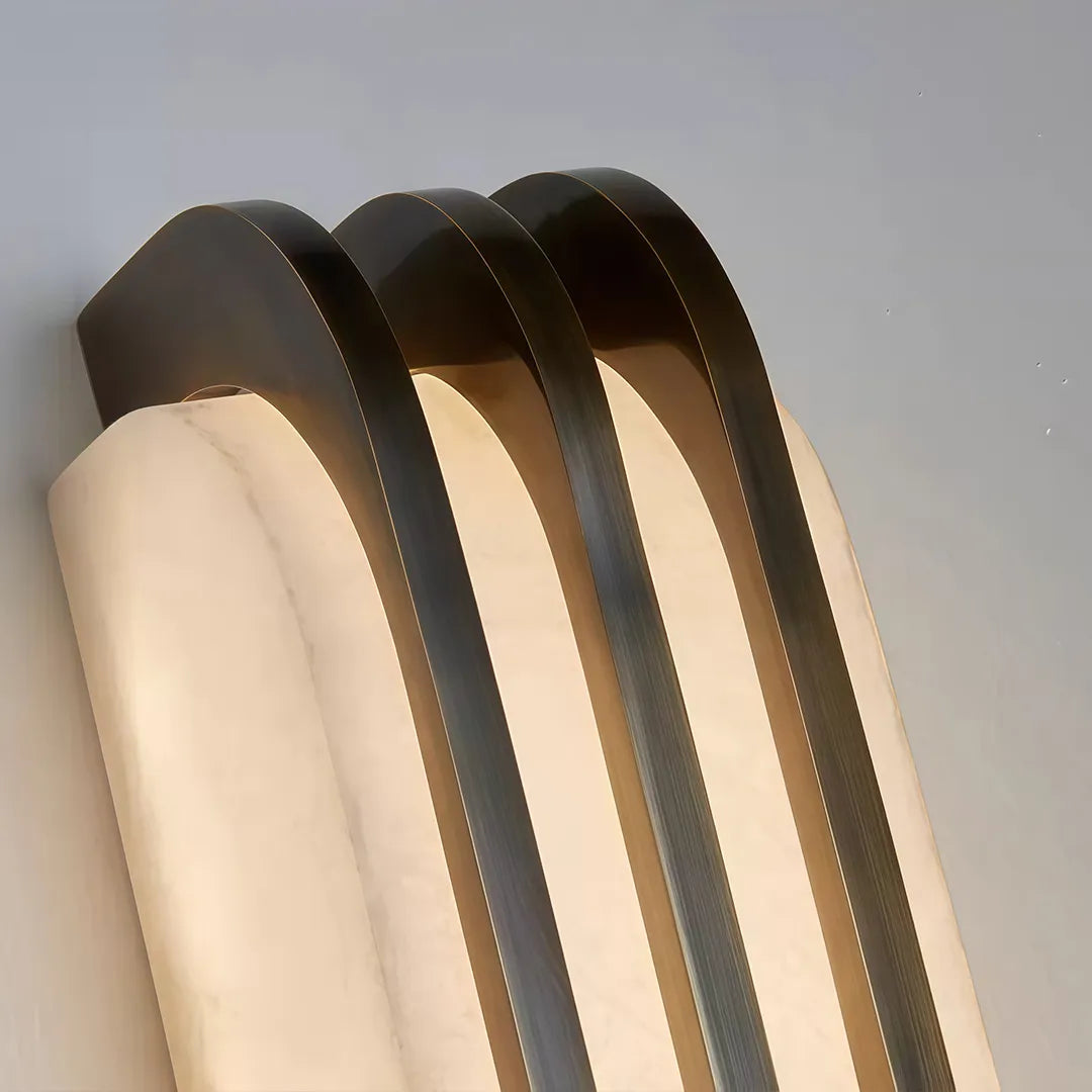 LED modern wall lights close-up showing the layered frame and illuminated diffuser detail.