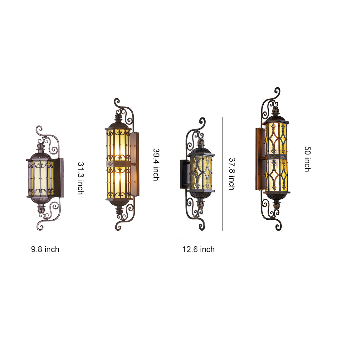 LED outdoor wall light with intricate metalwork, illuminating a modern entryway.