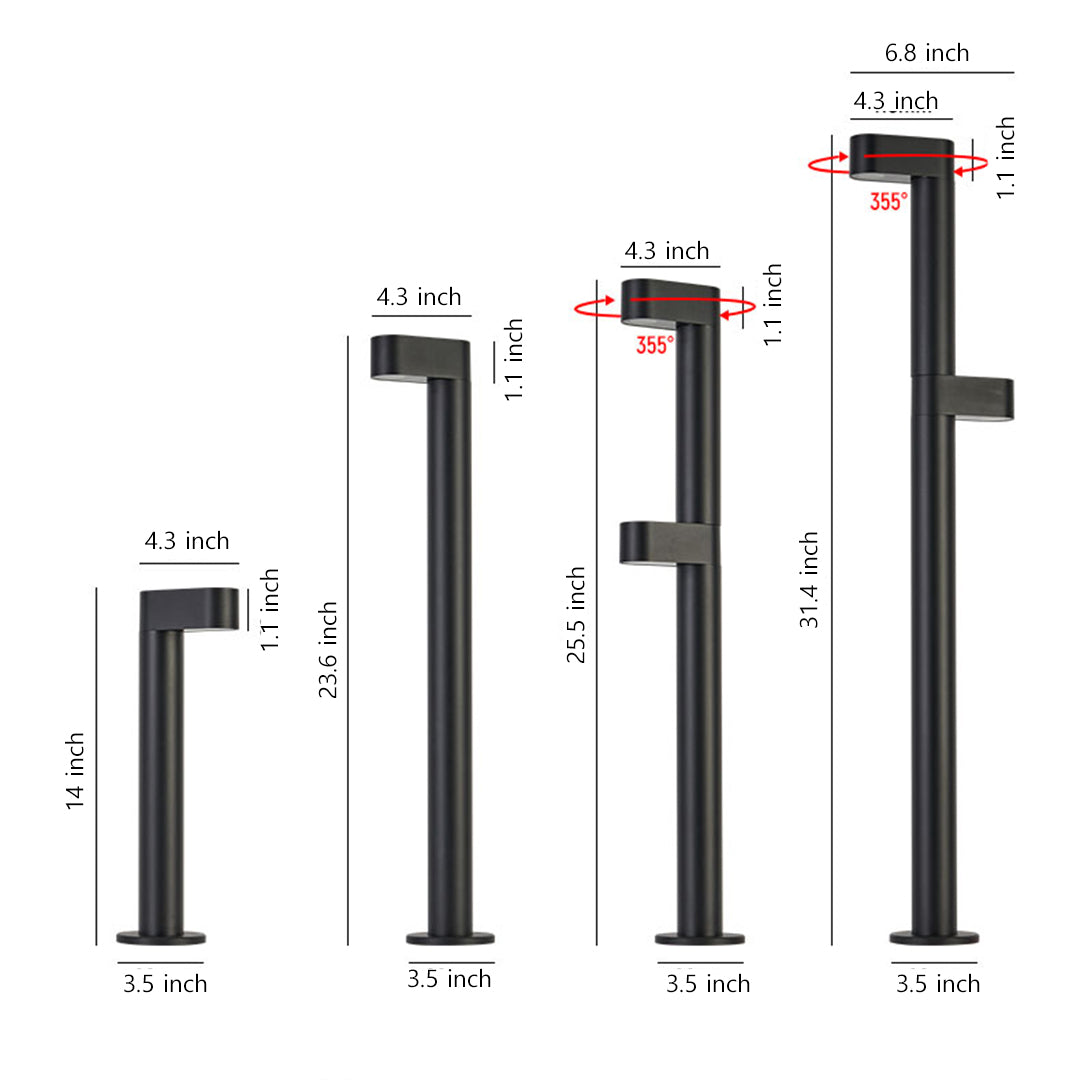 Technical drawing specifications for LED path light bollard posts showing various height options and mounting details