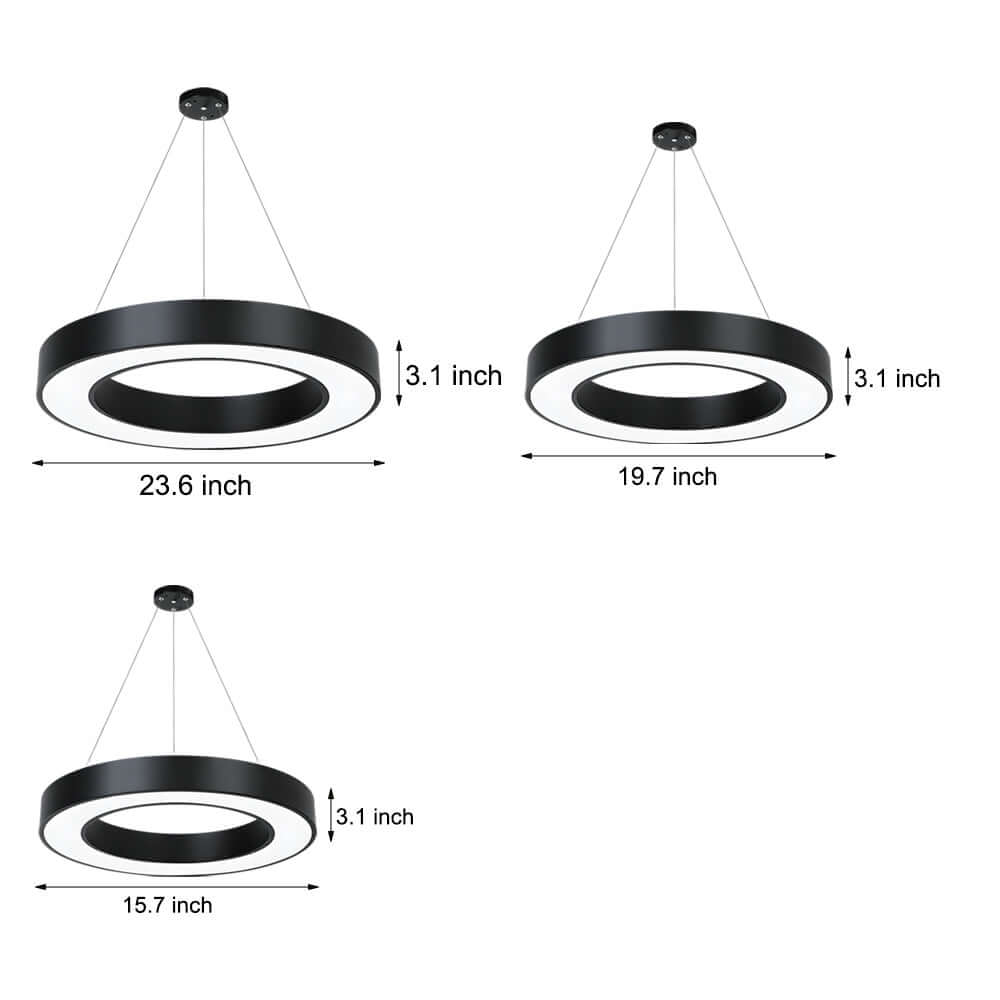 LED pendant ring ceiling light enhances productivity and décor with sleek black design and bright, adjustable LED illumination.