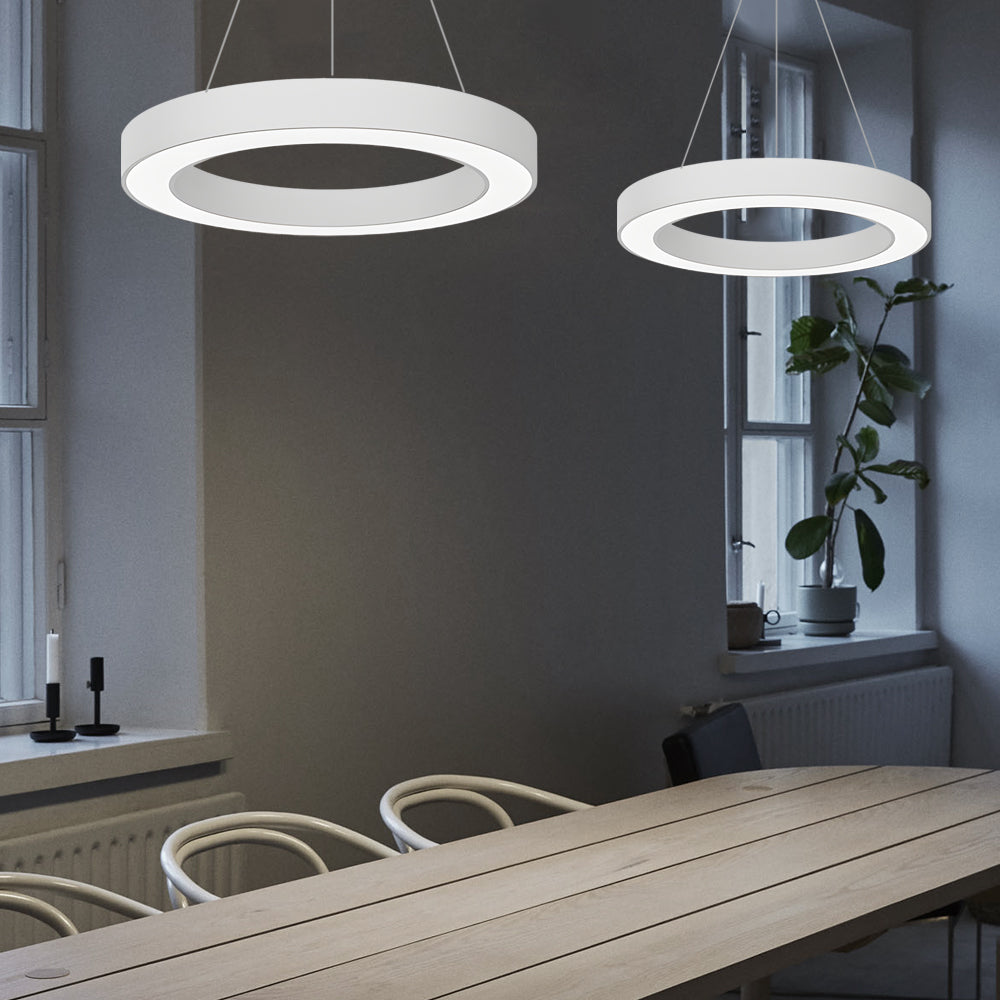 LED pendant ring ceiling light enhances office interiors with geometric black design and energy-saving LED illumination.
