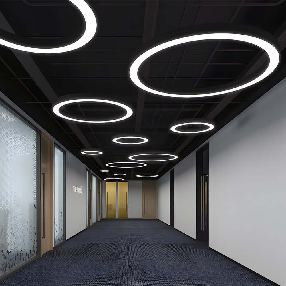 LED pendant ring ceiling light offers elegant circular illumination perfect for modern offices and contemporary home workspaces.