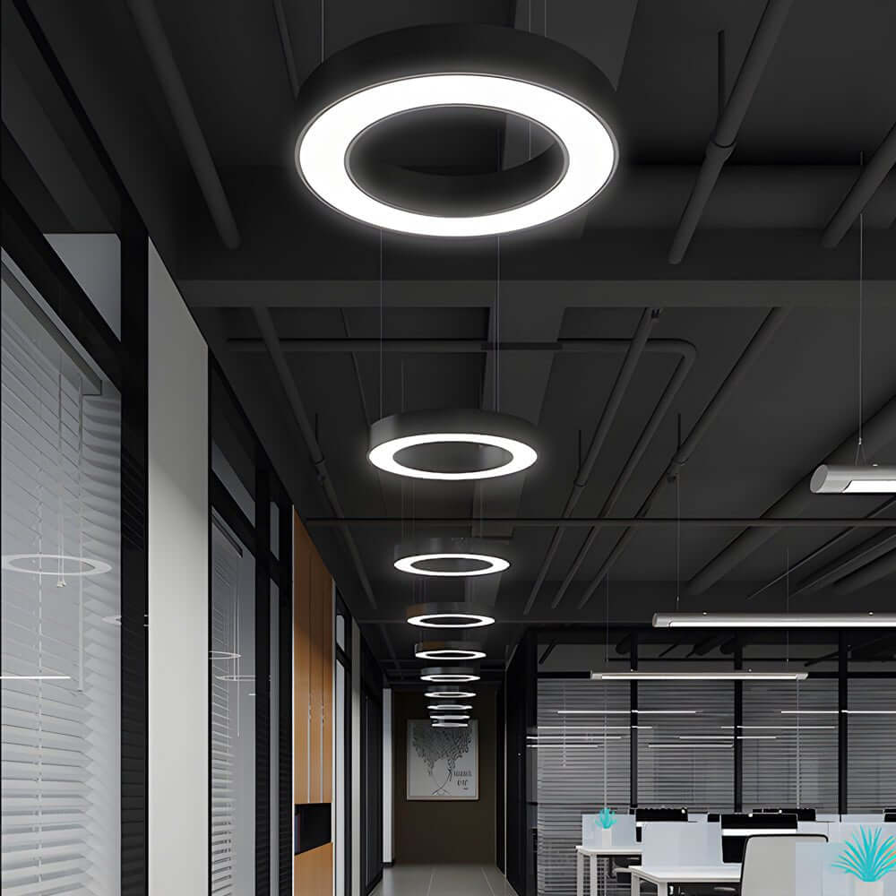 LED pendant ring ceiling light features minimalist black frame and dimmable function ideal for professional and home offices.