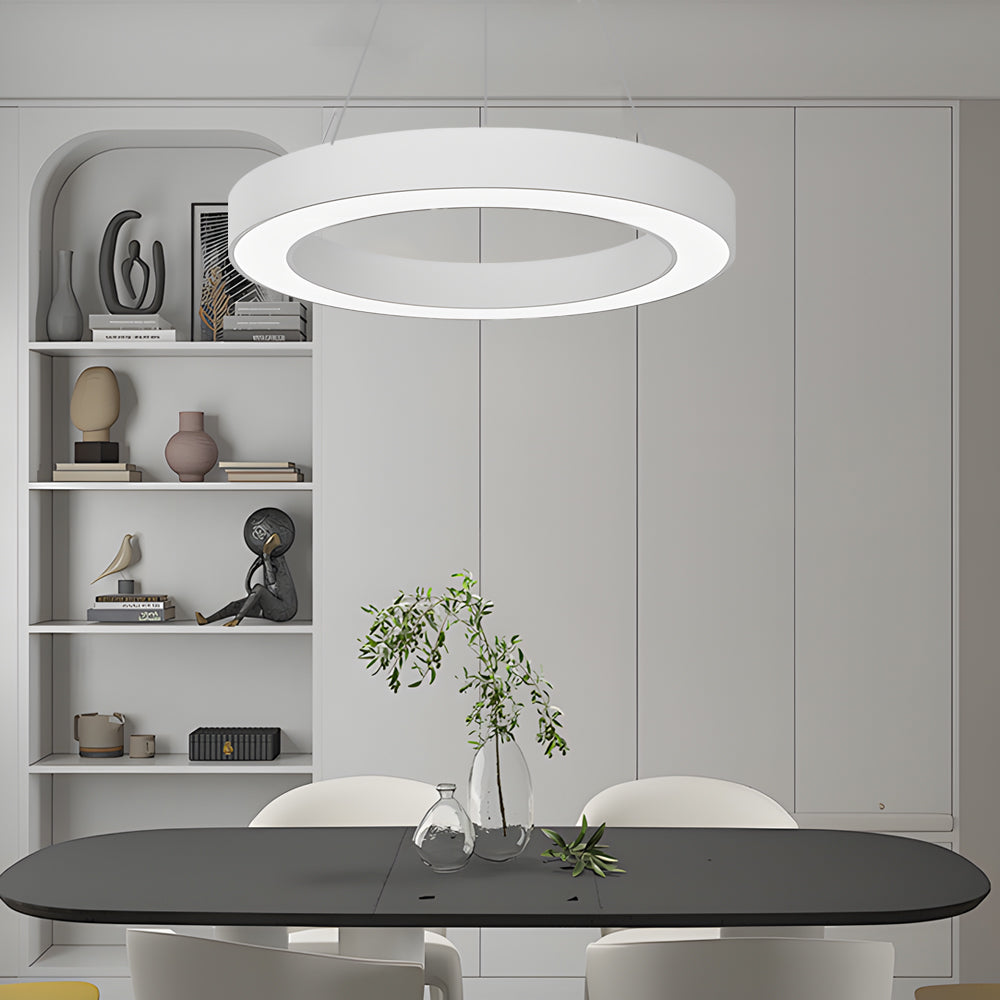 LED pendant ring ceiling light offers adjustable brightness and modern elegance to enhance black office décor and work efficiency.