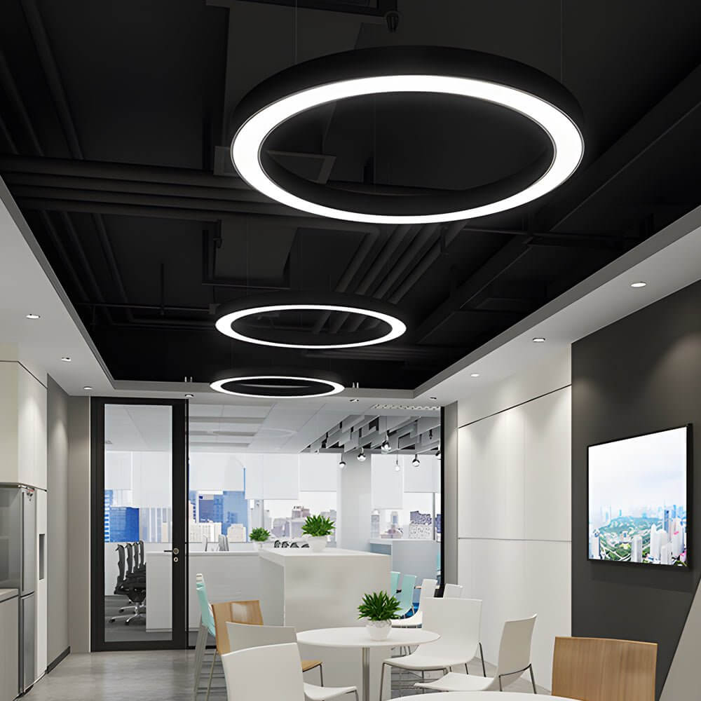 LED pendant ring ceiling light brings modern black design to offices with sleek adjustable brightness for comfortable workspaces.