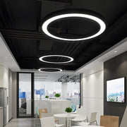 LED pendant ring ceiling light brings modern black design to offices with sleek adjustable brightness for comfortable workspaces.