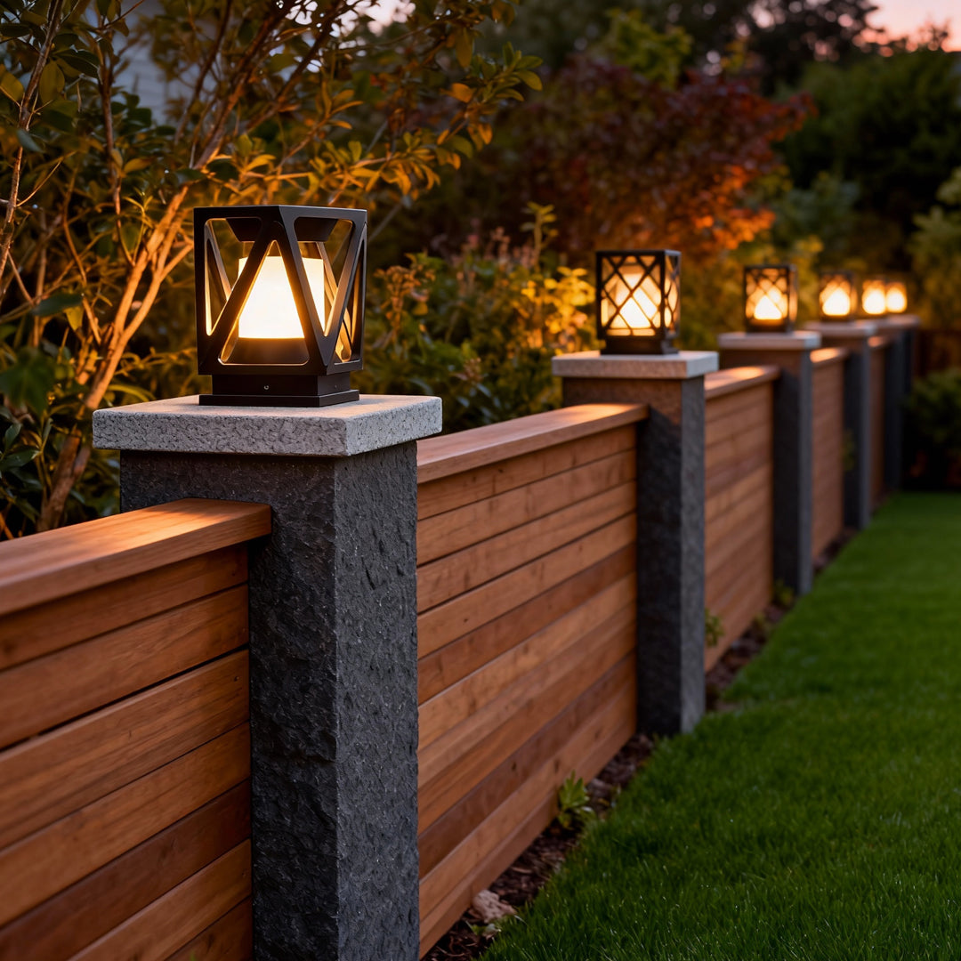 Outdoor led pillar lights installed along a wooden fence line, casting warm illumination across the pathway at dusk.