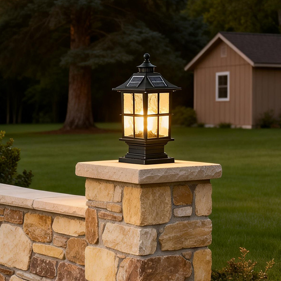 LED pillar lights illuminating a modern garden pathway with warm directional glow.