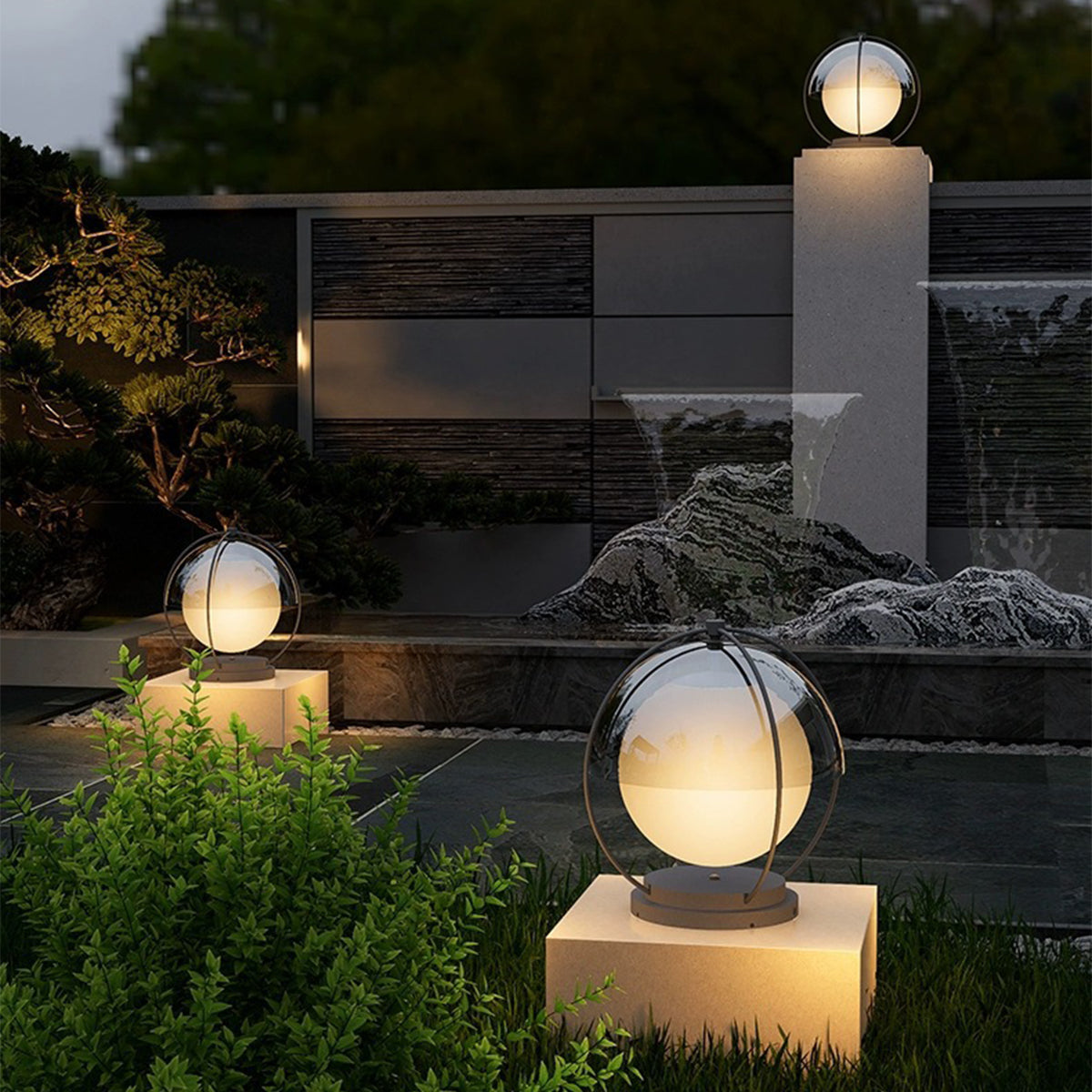 Decorative led pillar lights outdoor illuminating landscaped yard with spherical lamp design at dusk