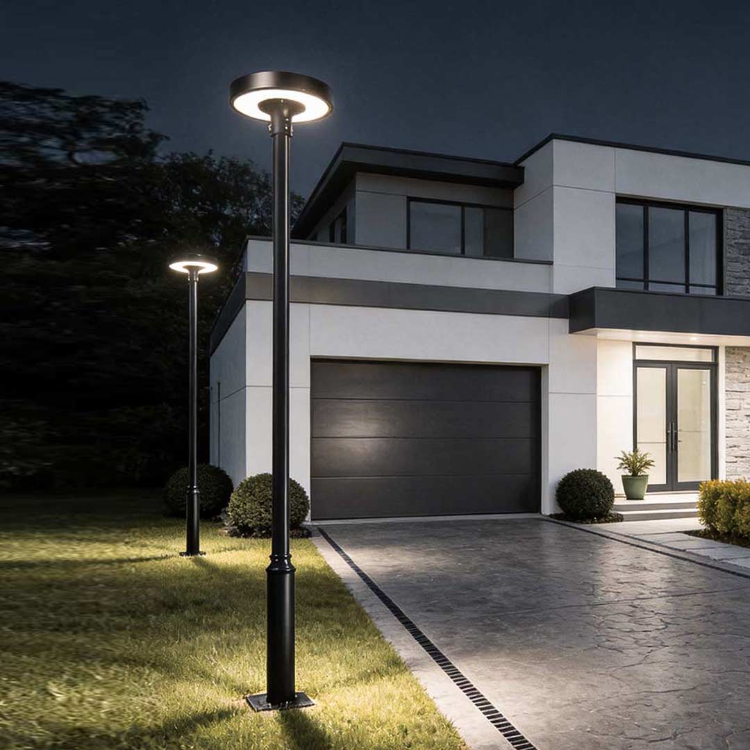 LED pole light illuminating a modern driveway and garage entrance at night.