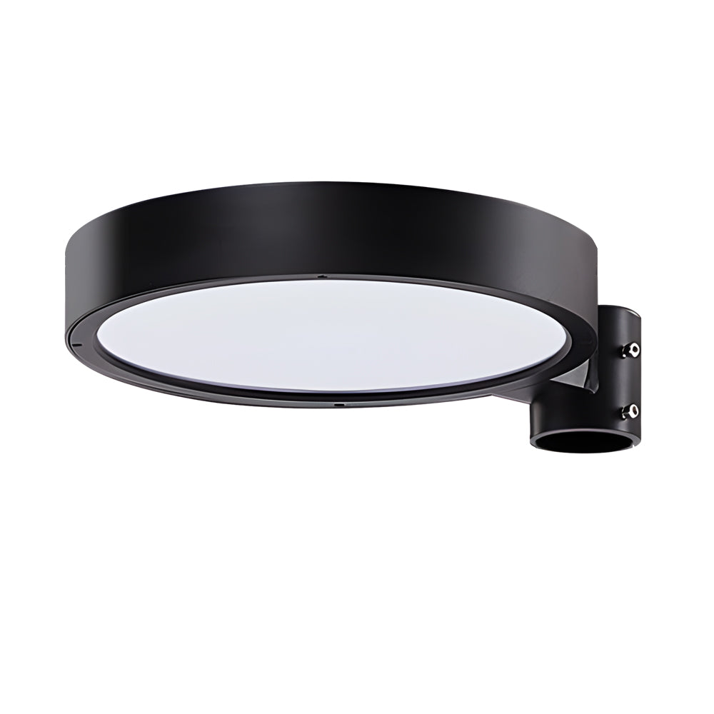 LED pole light with a round head, installed in a modern outdoor space.