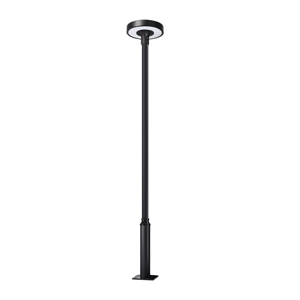 LED pole light with a round head, mounted on a modern street.
