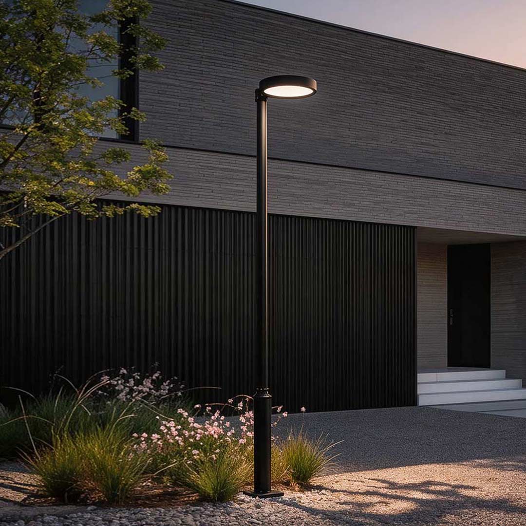LED pole light with a sleek design, installed beside a contemporary building.