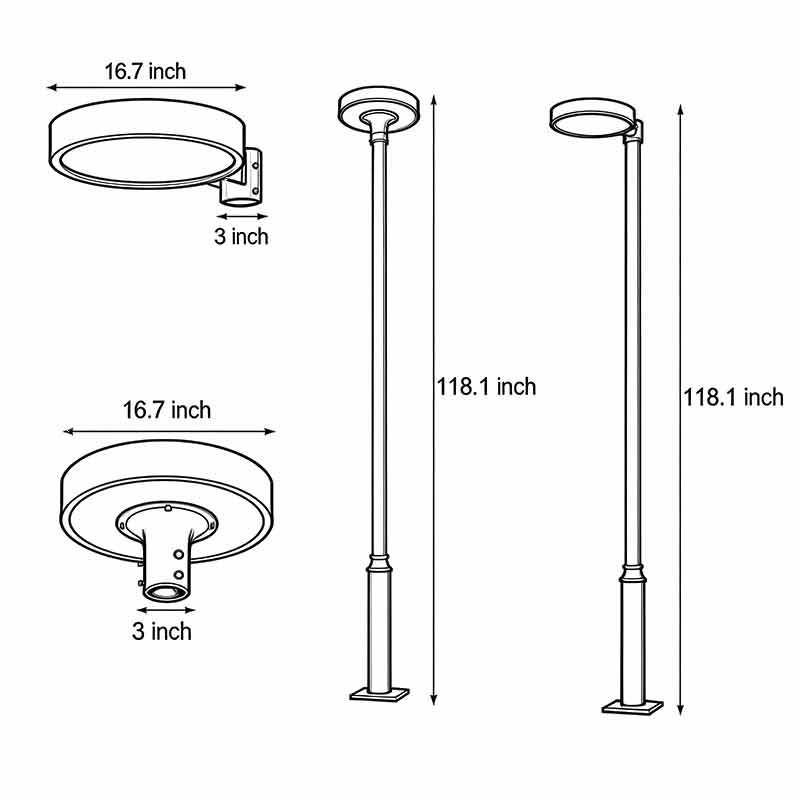 Technical diagram of LED pole light showing size and mounting specifications.