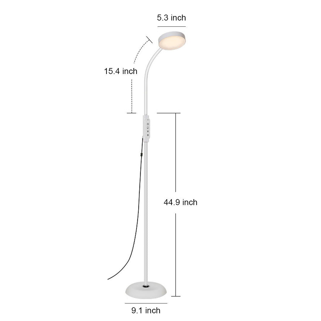 Technical specification drawing of adjustable led reading floor lamp with flexible gooseneck and round base