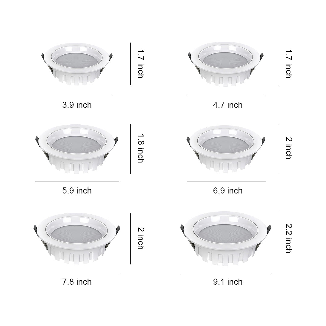 LED recessed downlight collection showing six different sizes with specifications and white finish on comparison chart