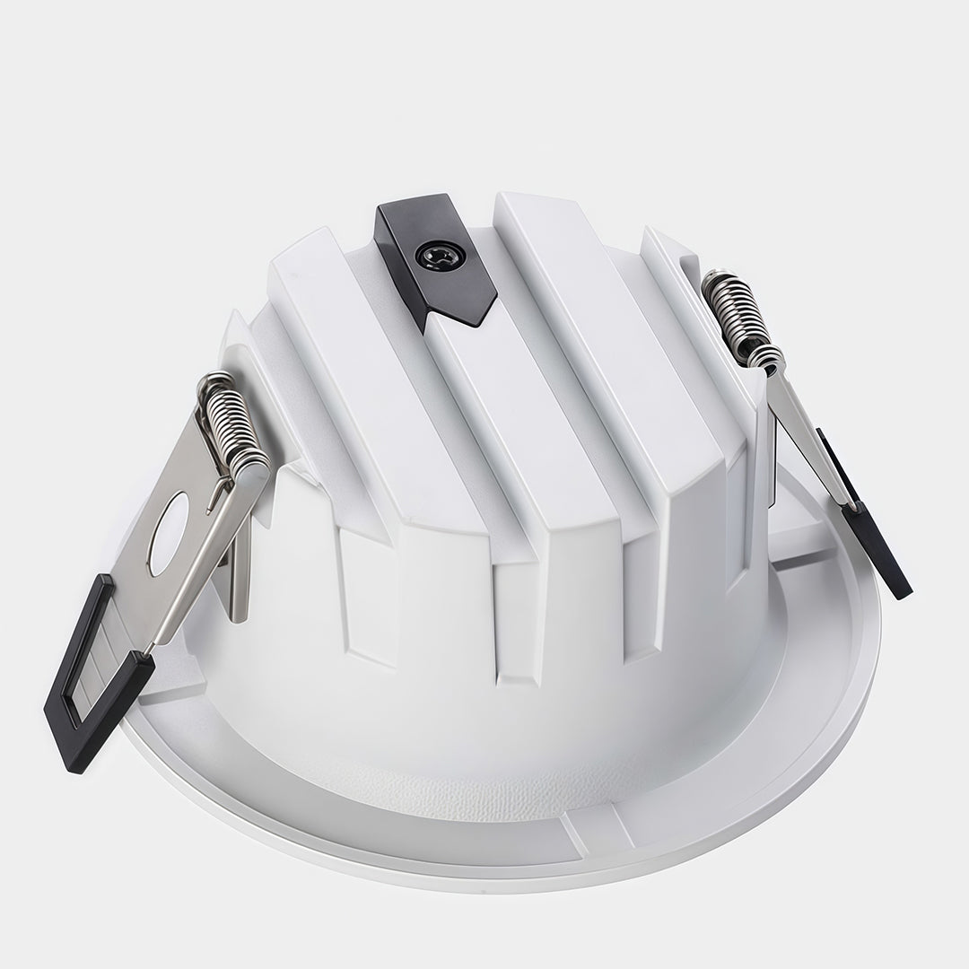 LED recessed downlights with mounting clips shown in angled view on white background