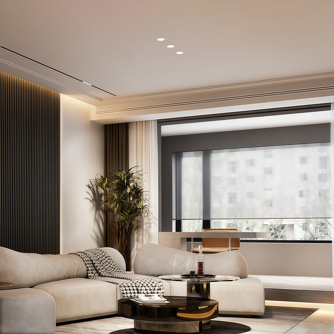 LED recessed spotlights with magnetic track system brightening luxurious living room with bay window