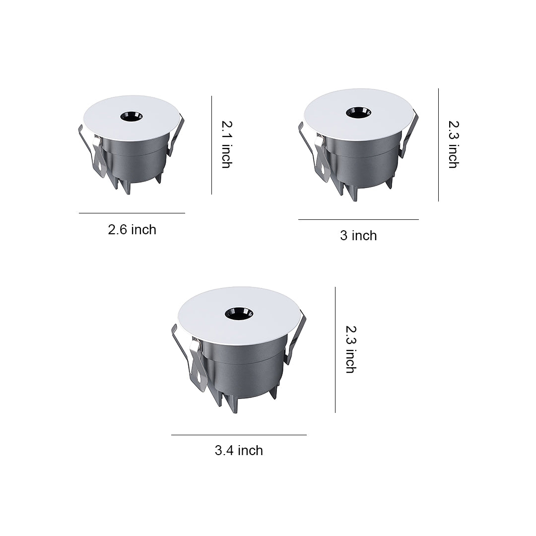 LED recessed spotlights showing three different sizes with white and black trim options in comparison chart