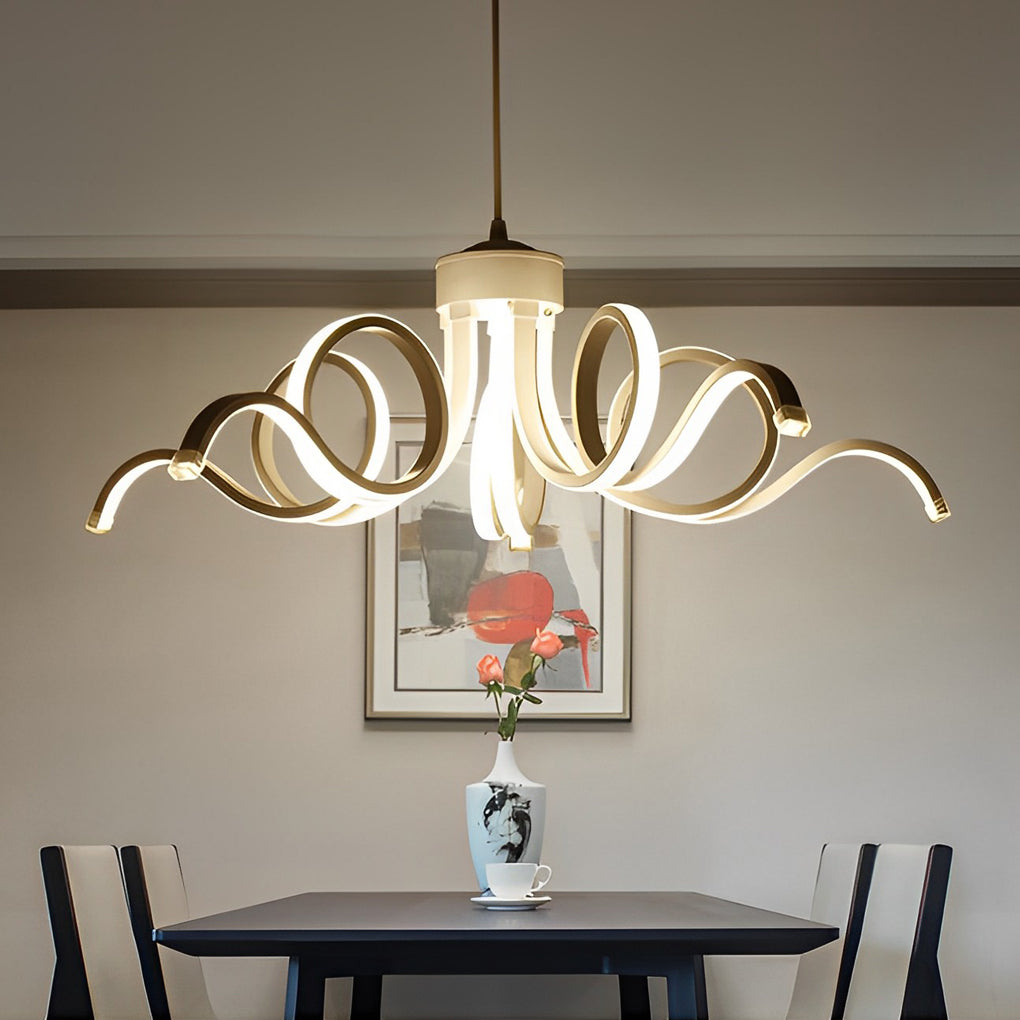 LED ribbon chandelier in a luxurious dining room, enhancing the ambiance with its stylish loops.