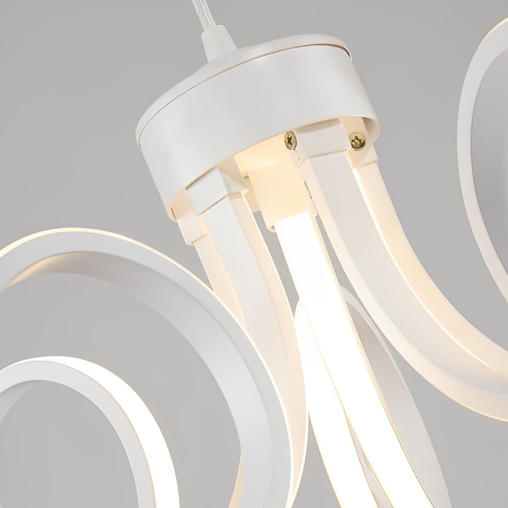 LED ribbon chandelier with a unique loop design, mounted on a white ceiling in a modern home.