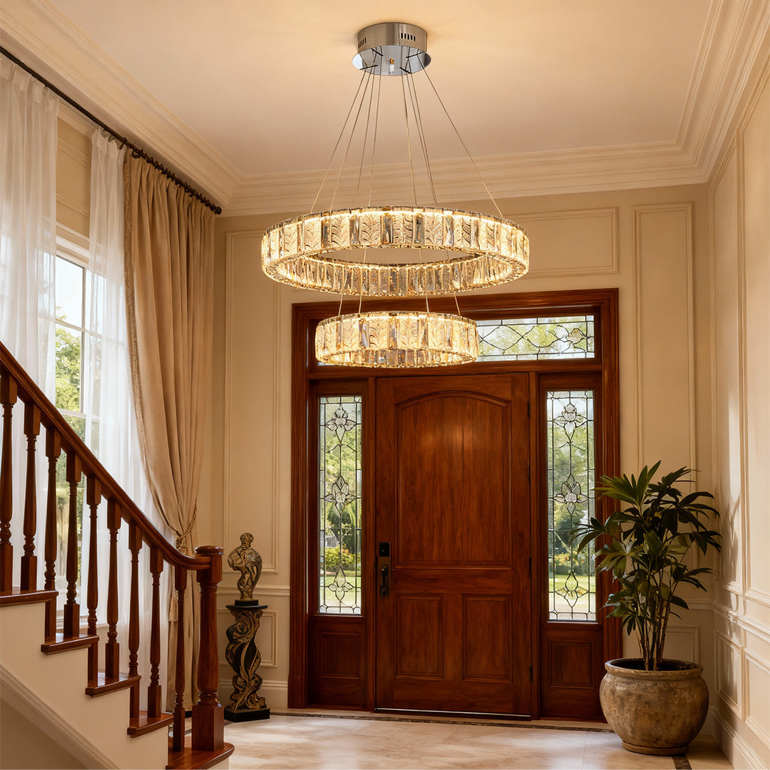 LED ring chandelier in a contemporary dining space with large windows, offering a stylish focal point.