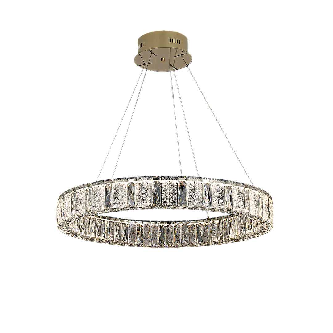 LED ring chandelier hanging above a dining table, enhancing the dining experience with elegant lighting.