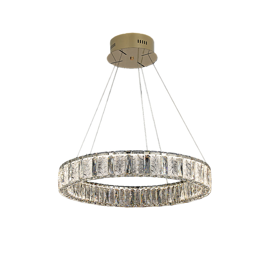 LED ring chandelier featuring a double-ring design with crystal accents and metallic finish.
