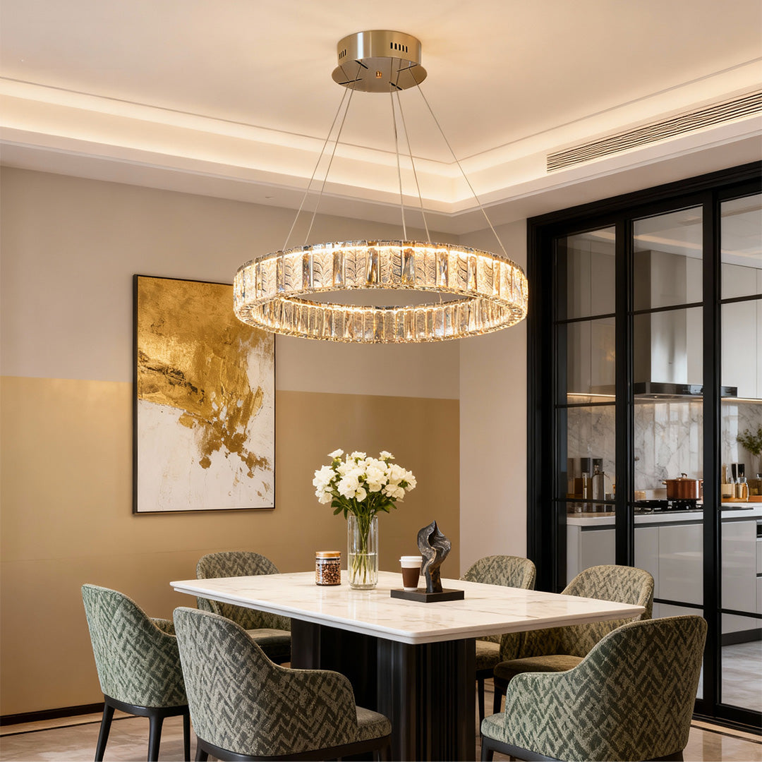 LED ring chandelier installed above a kitchen island, enhancing the space with modern and functional lighting.