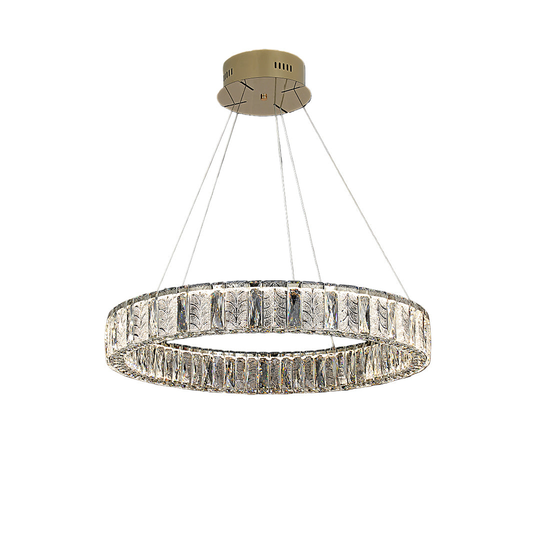 LED ring chandelier installed in a modern dining room, providing warm and inviting illumination.