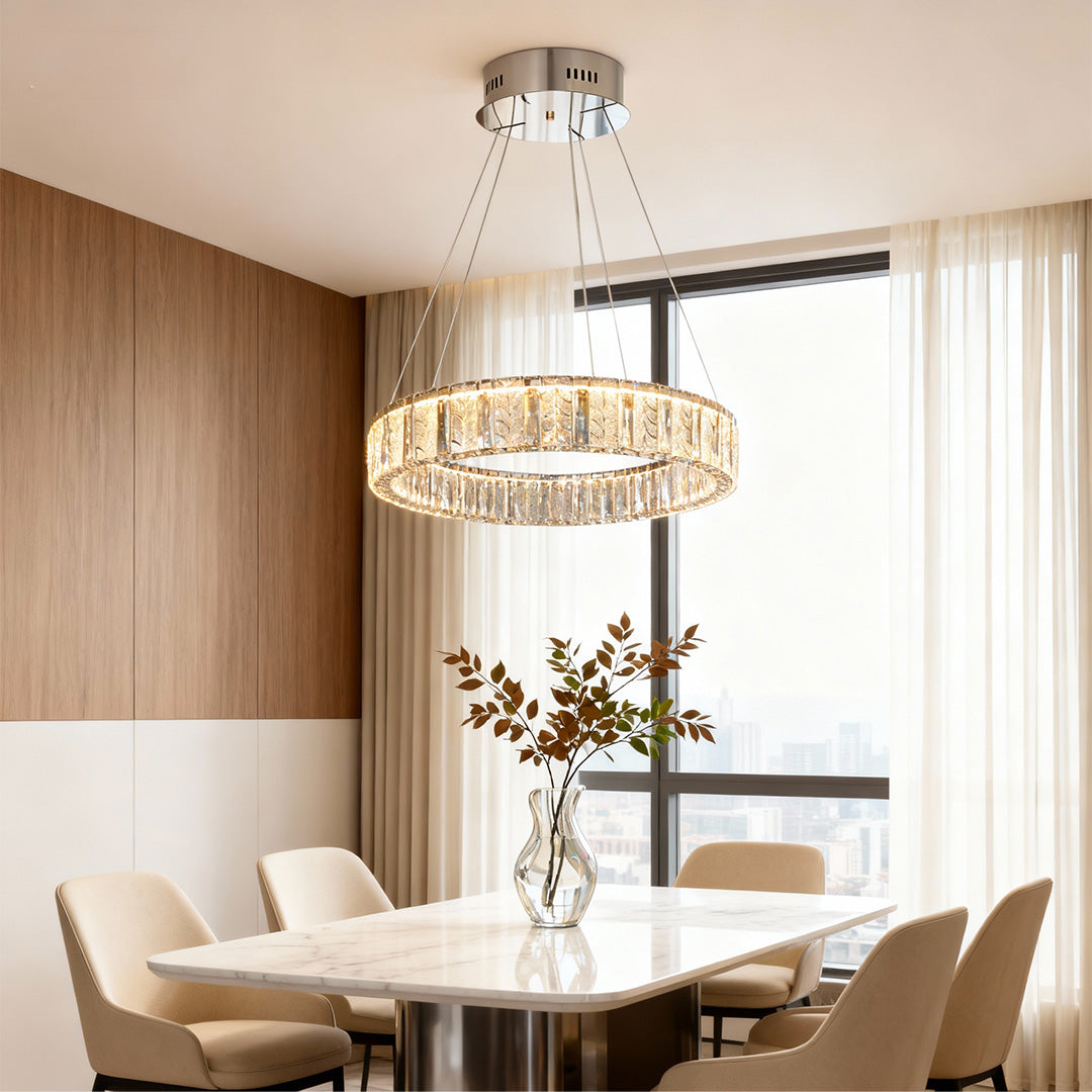 LED ring chandelier in a modern hallway with high ceilings, providing a bright and welcoming atmosphere.