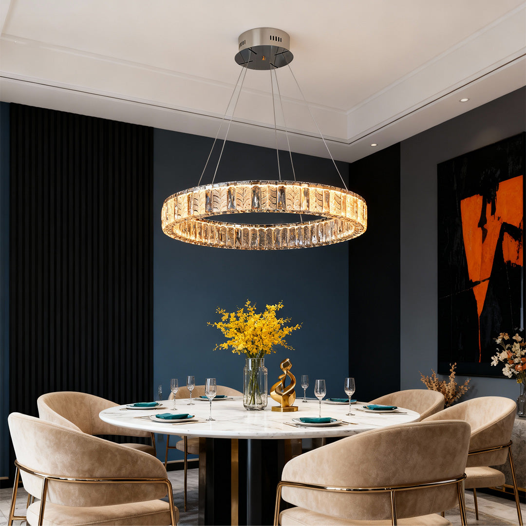 LED ring chandelier in a modern interior with wooden accents, providing stylish illumination.