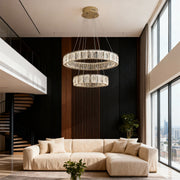 LED ring chandelier in a stylish living area with large windows and contemporary furniture, creating an elegant ambiance.