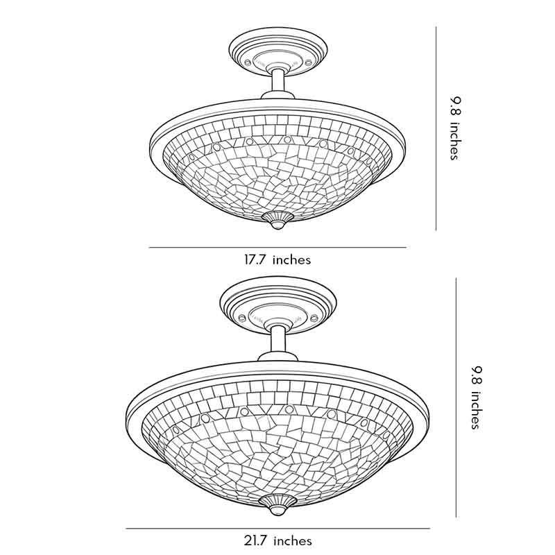 LED semi flush mount ceiling lights technical drawing with fixture dimensions and installation specifications.