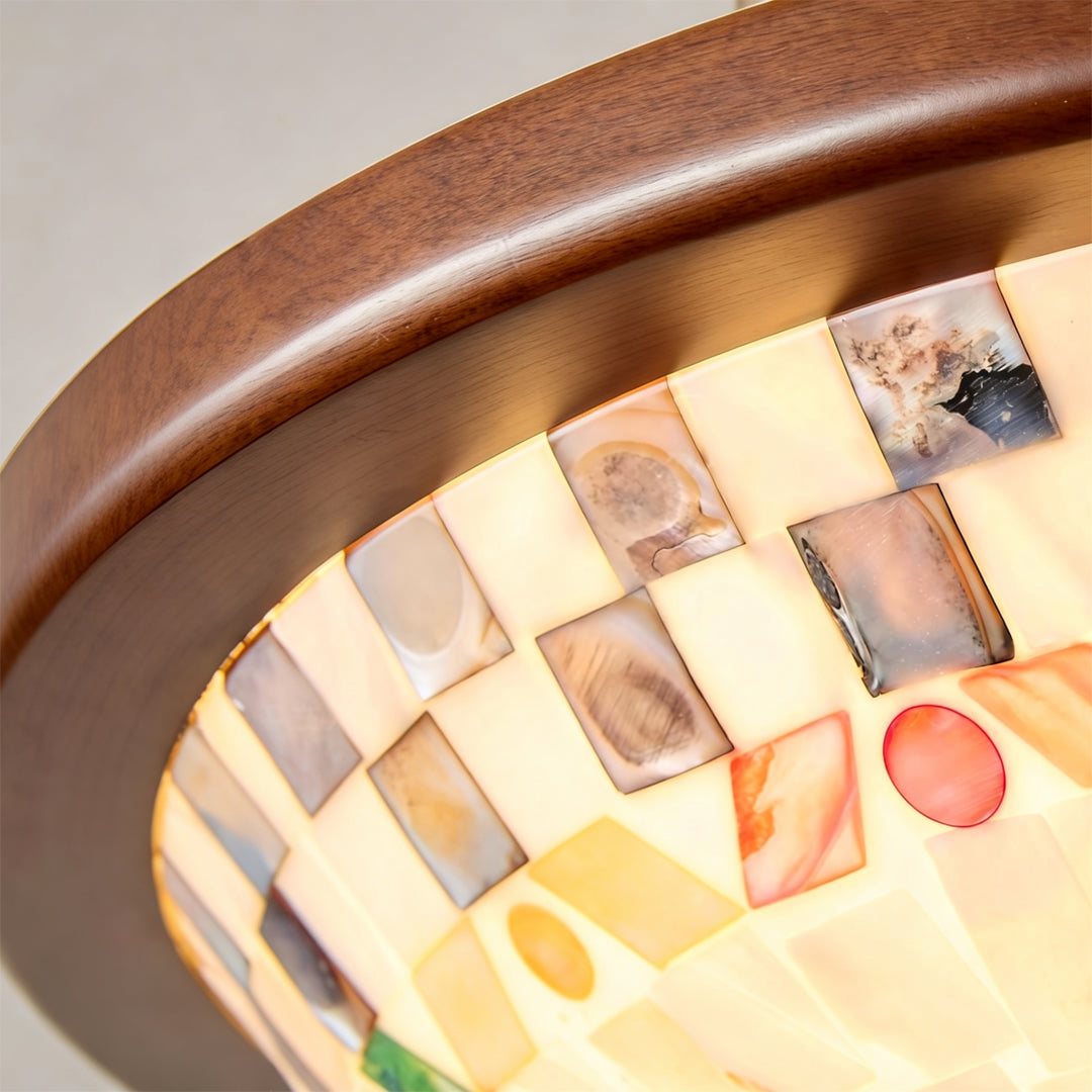 Close-up of LED semi flush mount ceiling lights showcasing handcrafted mosaic glass shade and warm LED glow.