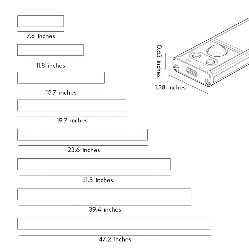 LED sensor light strip technical drawing with dimensions for slim cabinet and closet lighting installation.