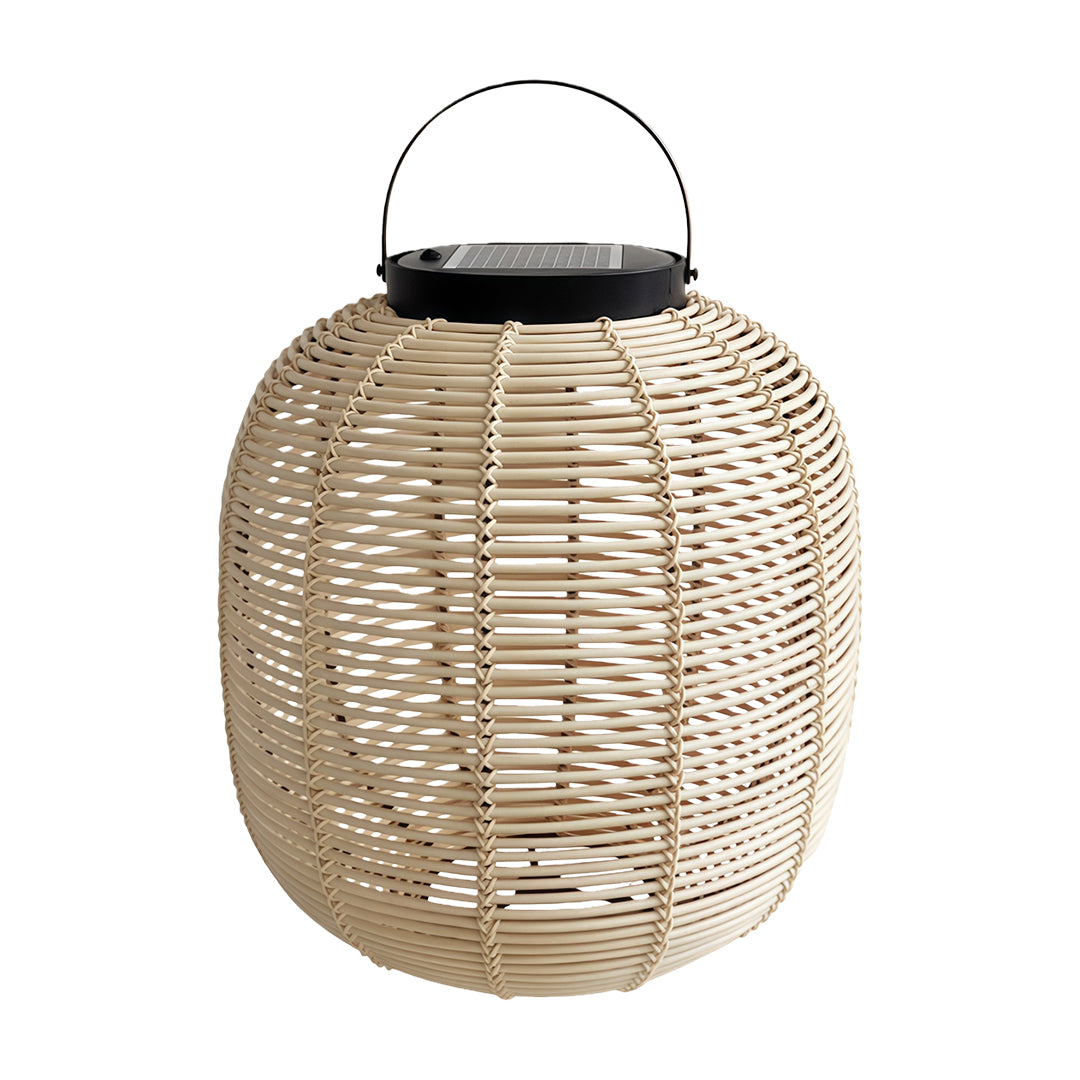 LED solar lantern placed on a wooden deck, providing bright, outdoor illumination in a decorative form.