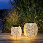 LED solar lanterns arranged on a patio, offering outdoor lighting with an elegant, natural design.