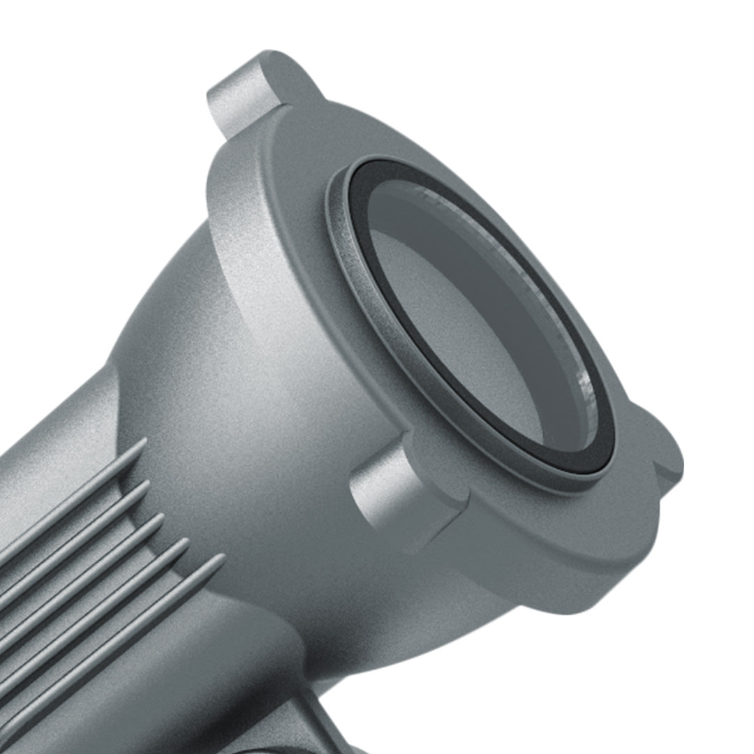 Close-up detail of LED spotlight head with heat sink design and precision optical lens system