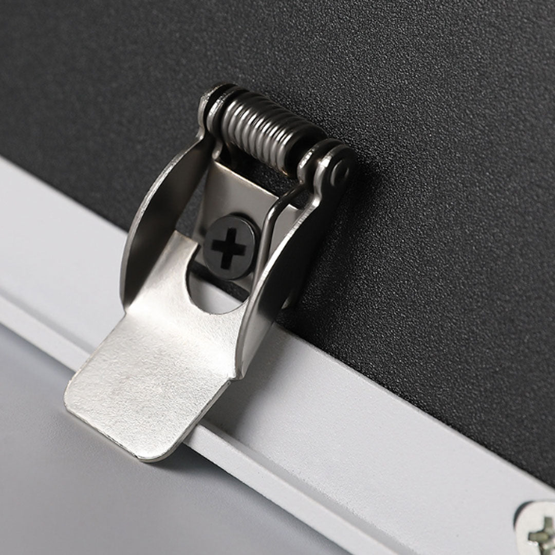 Hardware detail close up for led spotlight indoor mounting clip and fastener attachment.
