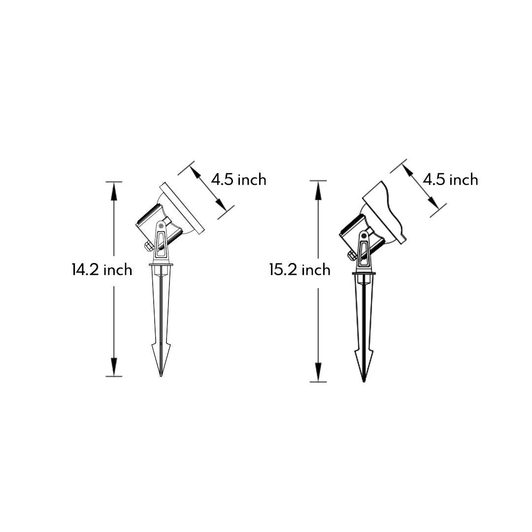 Technical drawing with detailed measurements and specifications for LED spotlight with ground stake mounting
